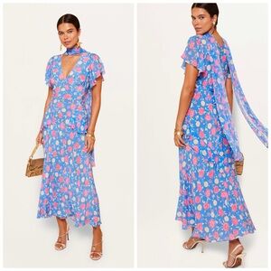 RIXO Evie Silk Midi Dress Blue Floral Tie‎ Back Size 8